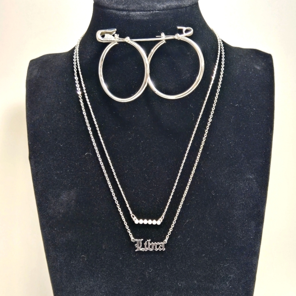 Silvertone Necklaces 16" Long Bar and 18" Long Libra Pendant Large Hoop Earrings